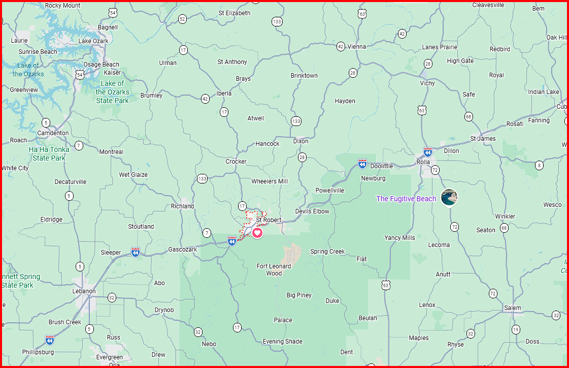 Google Maps view of the Rapid Revival Remodeling service area around Waynesville, Missouri